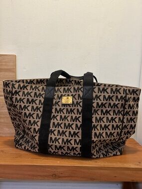 Michael Kors Tan and Black MK Logo Duffel Bag